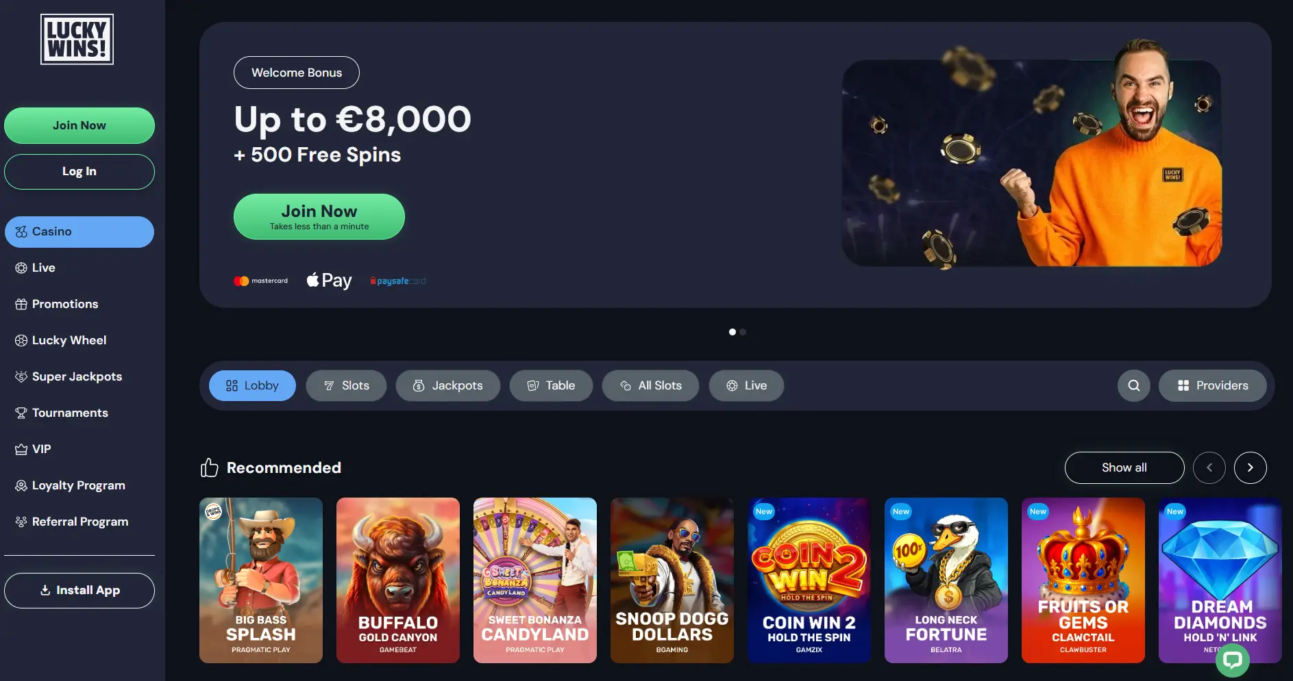 LuckyWins Casino-hjemmeside med velkomstbonus og spilleautomater.