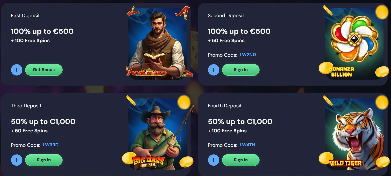 LuckyWins innskuddsbonustilbud med gratisspinn og kampanjer.