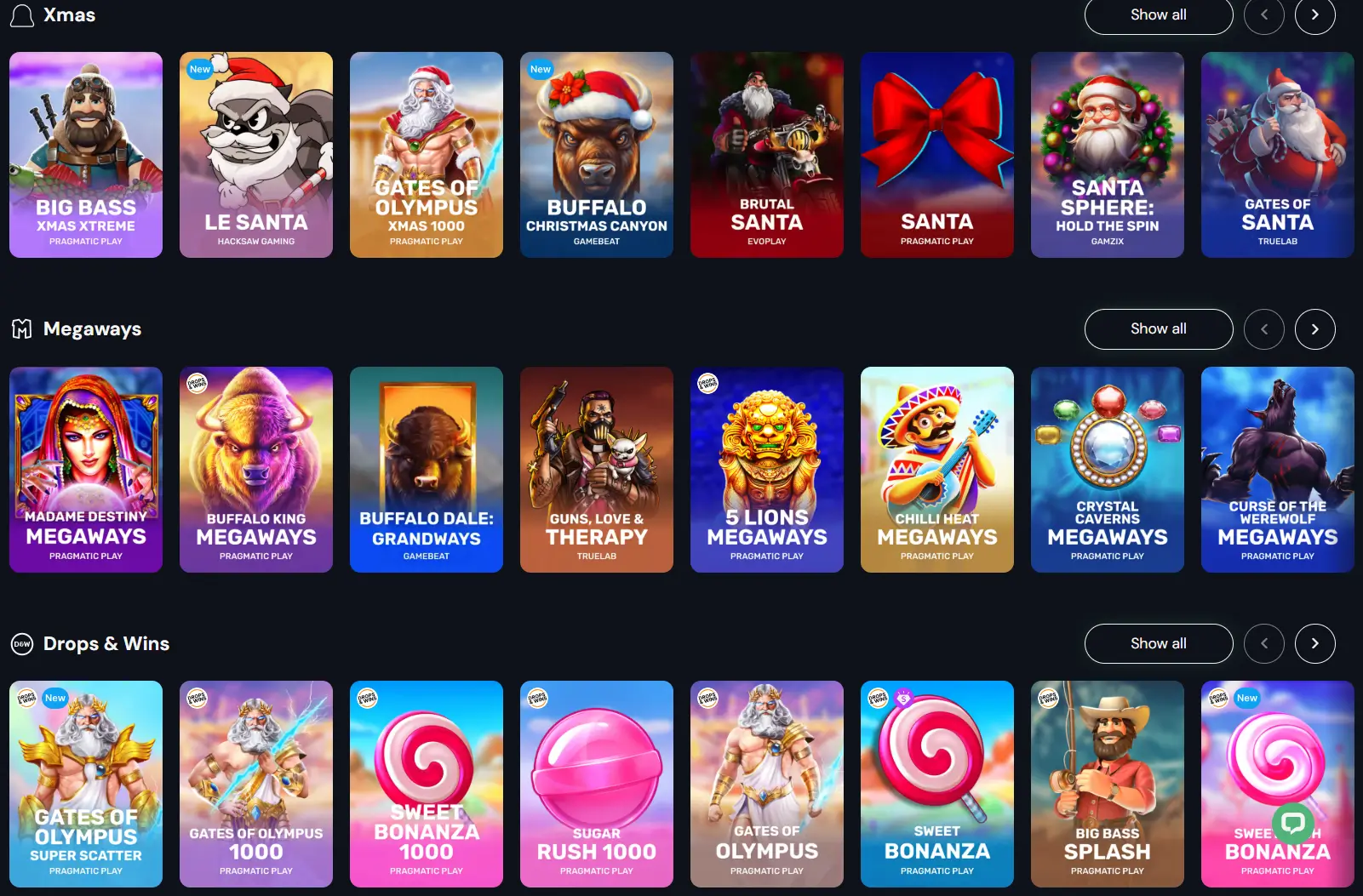 LuckyWins spilleautomatkategorier med Xmas- og Megaways-spill.